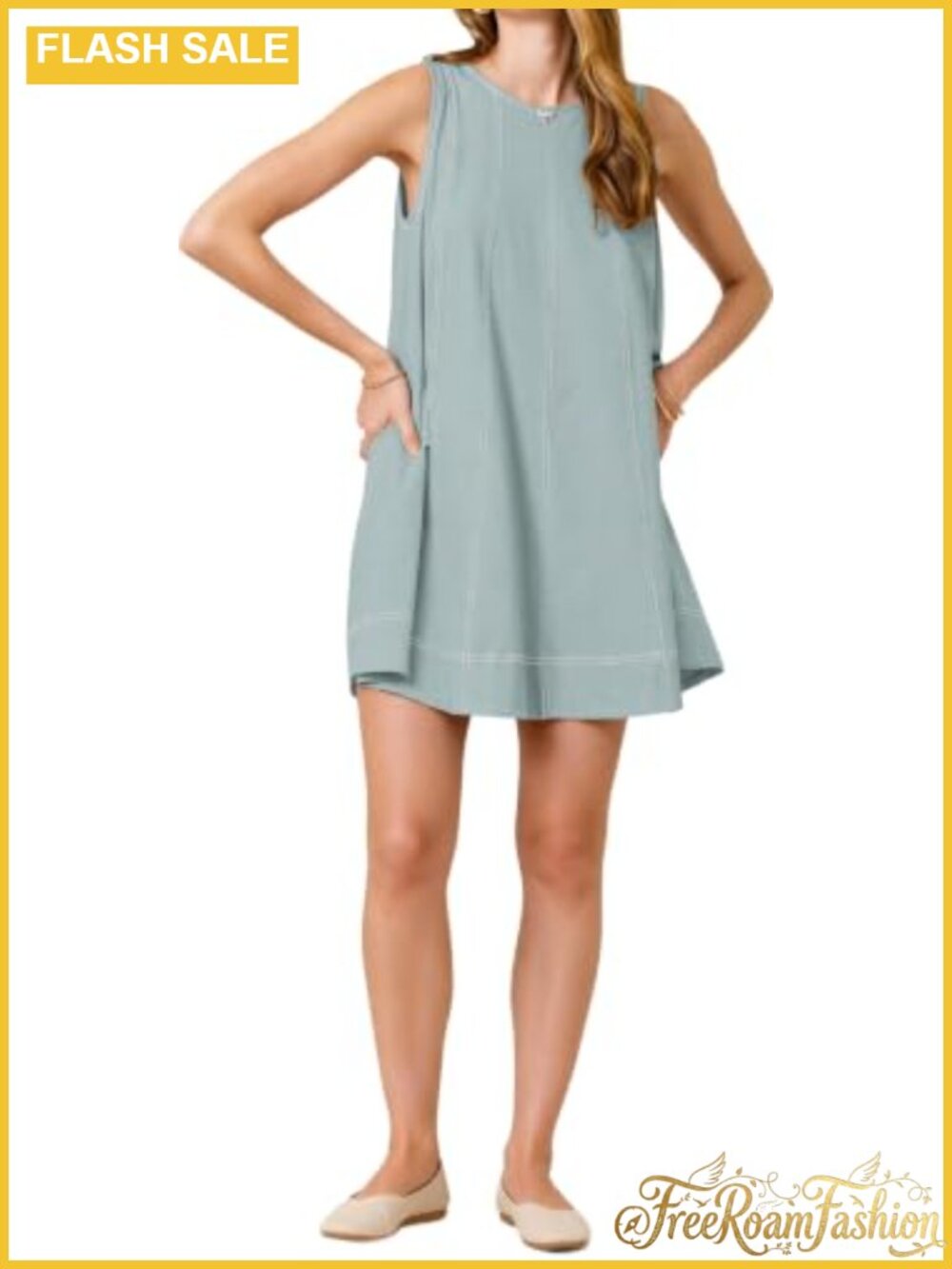 Sleeveless Mini Dress with Pockets and Contrast Stitching